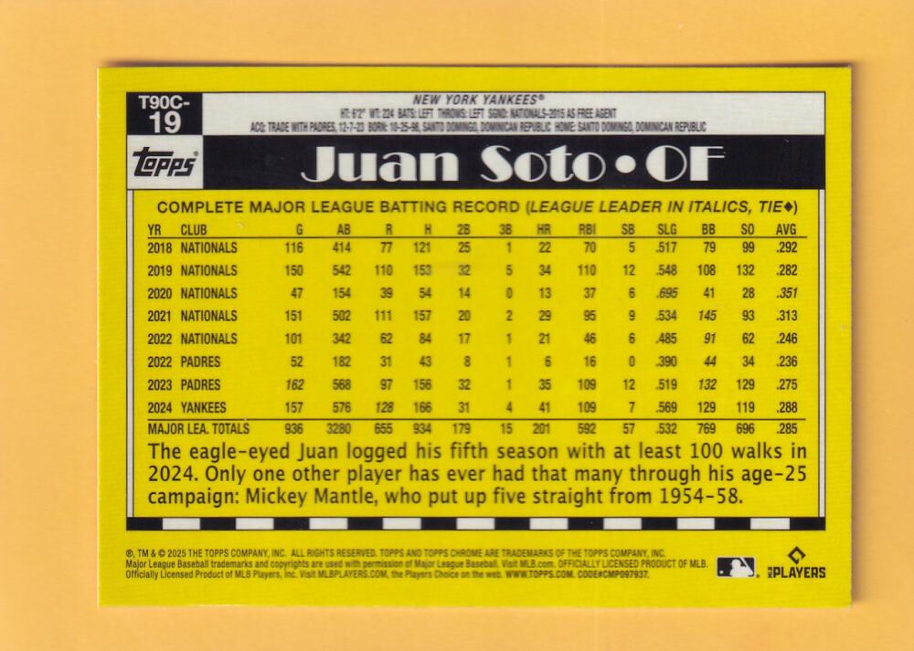 2025 Topps 1990 Topps Chrome Mojo #T90C-19 Juan Soto NM-MT+ New York Yankees Image 2