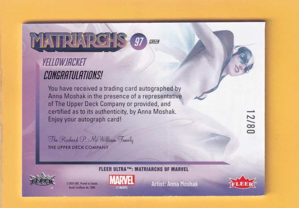 2024 Fleer Ultra Marvel Matriarchs Autographs #97 Anna Moshak (Yellowjacket) NM-MT+ Auto 12/80  Image 2