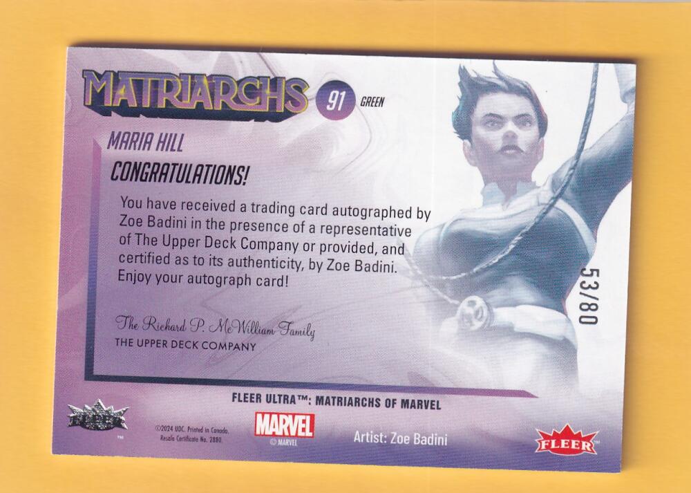 2024 Fleer Ultra Marvel Matriarchs Autographs #91 Zoe Badini (Maria Hill) NM-MT+ Auto 53/80  Image 2