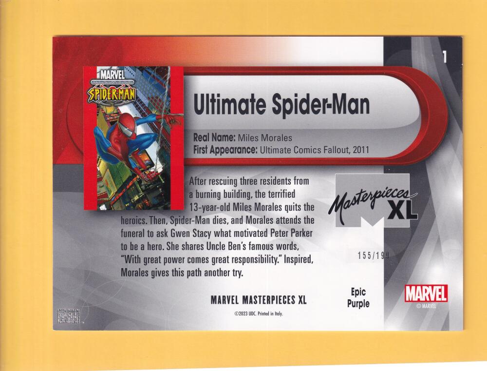 2024 Skybox Marvel Masterpieces XL Epic Purple Foil #1 Ultimate Spider-Man NM-MT+ 155/199  Image 2