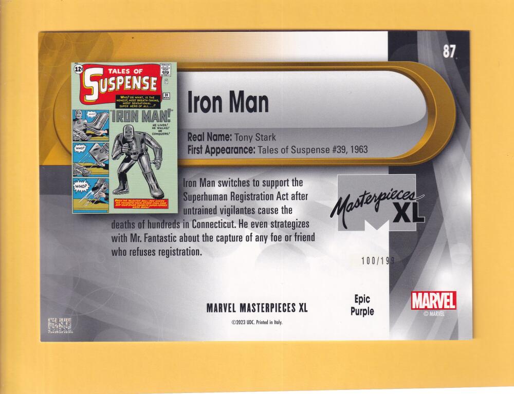2024 Skybox Marvel Masterpieces XL Epic Purple Foil #87 Iron Man NM-MT+ 100/199  Image 2