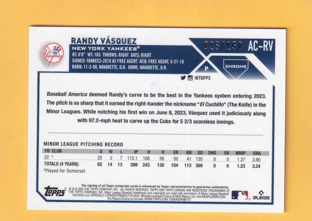 2023 Topps Chrome Update Autograph Refractor Blue #AC-RV Randy Vasquez NM-MT+ Auto 25/150 New York Yankees Image 2