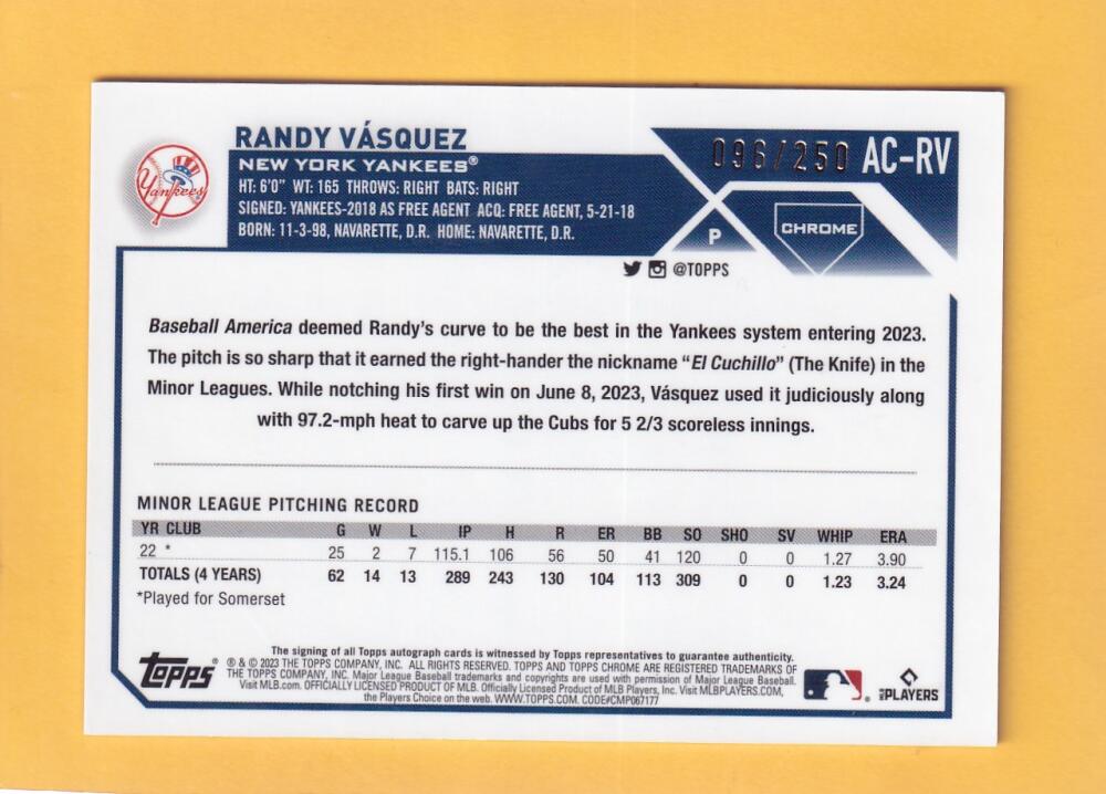2023 Topps Chrome Update Autograph Refractor Purple #AC-RV Randy Vasquez NM-MT+ Auto 96/250 New York Yankees Image 2