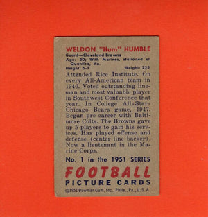 1951 Bowman #1 Weldon Humble VG+ Very Good+ RC Rookie Cleveland Browns #33427 Image 2