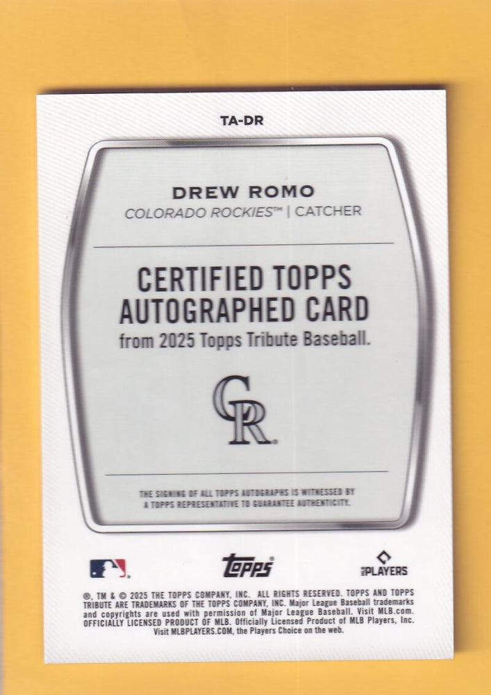 2025 Topps Tribute Autographs Gold #TA-DR Drew Romo NM-MT+ RC Rookie Auto 72/75 Colorado Rockies  Image 2