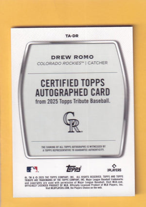 2025 Topps Tribute Autographs Gold #TA-DR Drew Romo NM-MT+ RC Rookie Auto 72/75 Colorado Rockies  Image 2