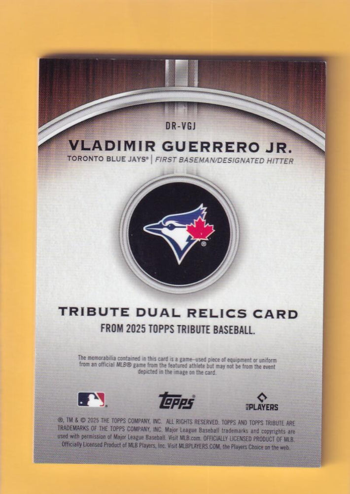 2025 Topps Tribute Dual Relics Purple #DR-VGJ Vladimir Guerrero Jr. NM-MT+ MEM 22/50 Toronto Blue Jays  Image 2