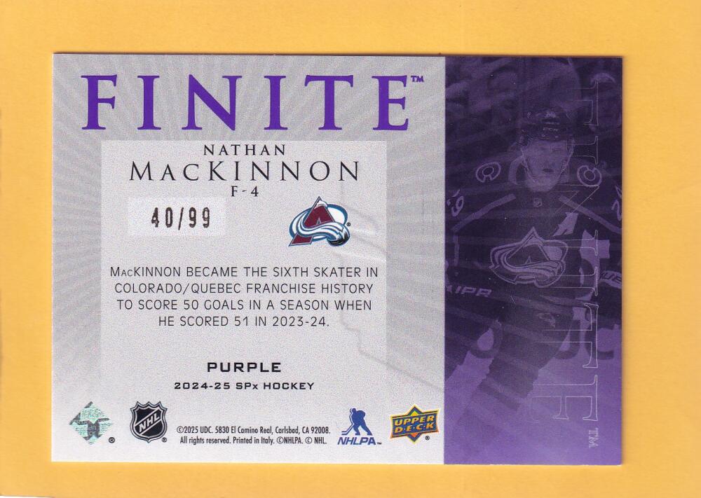 2024-25 Upper Deck SPX Finite Purple #F-4 Nathan MacKinnon NM-MT+ 40/99 Colorado Avalanche  Image 2