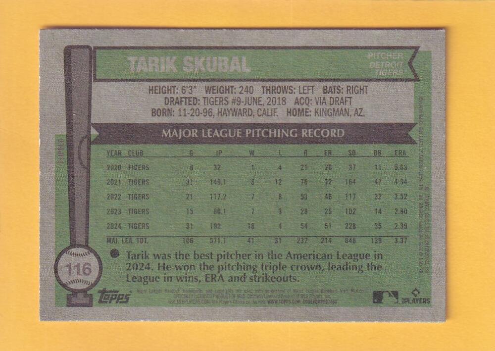 2025 Topps Heritage Flipped Bat Variation #116 Tarik Skubal NM-MT+ Detroit Tigers Image 2