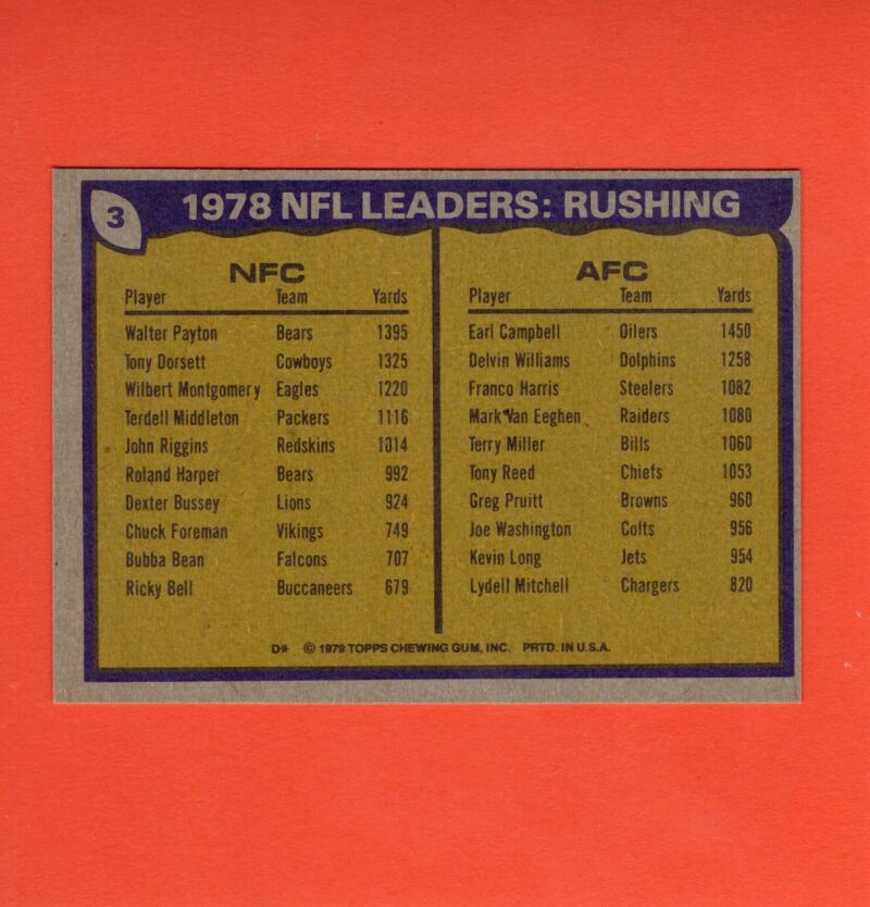 1979 Topps #3 Walter Payton/Earl Campbell 1978 Rushing Leaders EX/NM Chicago Bears/Houston Oilers