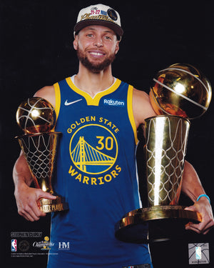 Stephen Curry Golden State Warriors 8x10 Photo (Blue Jersey, Holding Finals & Finals MVP Trophy)