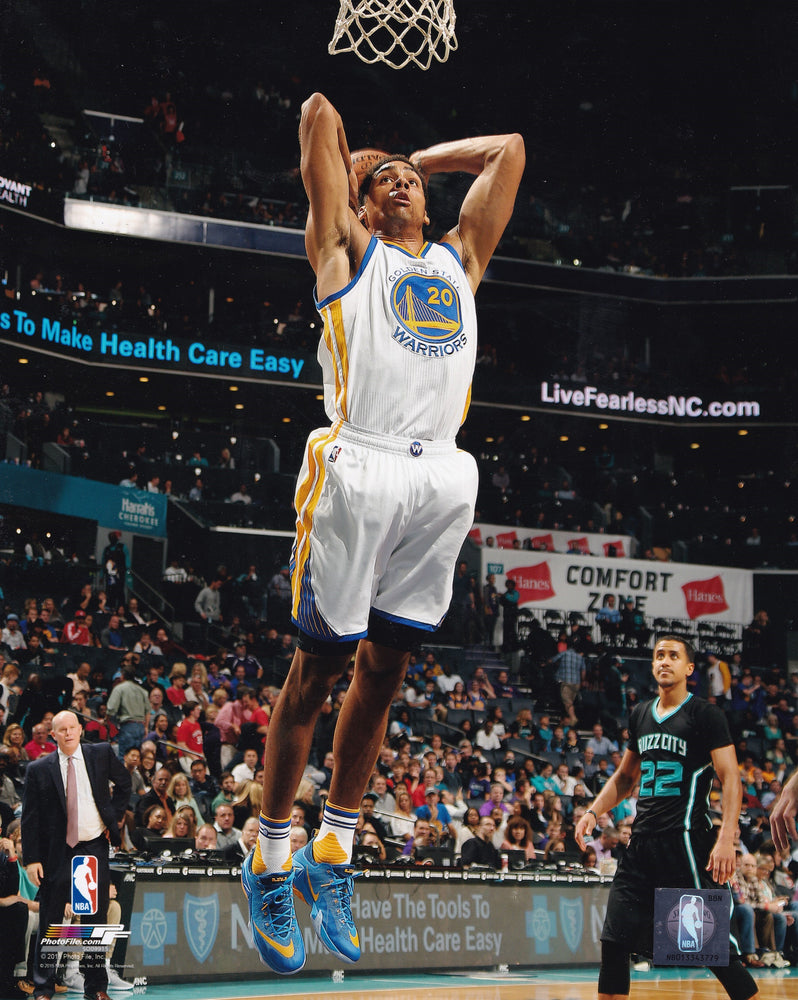 
                
                    Load image into Gallery viewer, James McAdoo Golden State Warriors 8x10 Photo (Vertical, White Jersey, Dunking)
                
            