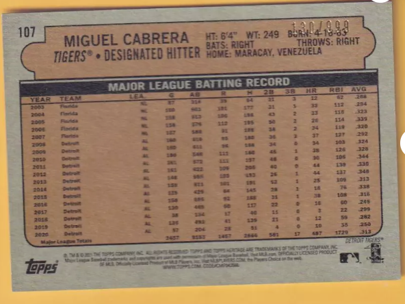 2021 Topps Heritage Chrome #107 Miguel Cabrera NM-MT+ Detroit Tigers 130/999
