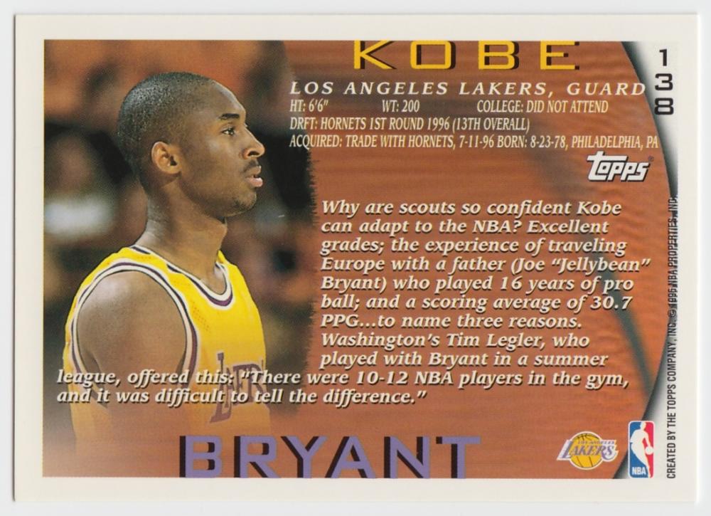 1996-97 Topps #138 Kobe Bryant BGS 8.5 Near Mint/Mint+ RC Rookie Los Angeles Lakers Image 2