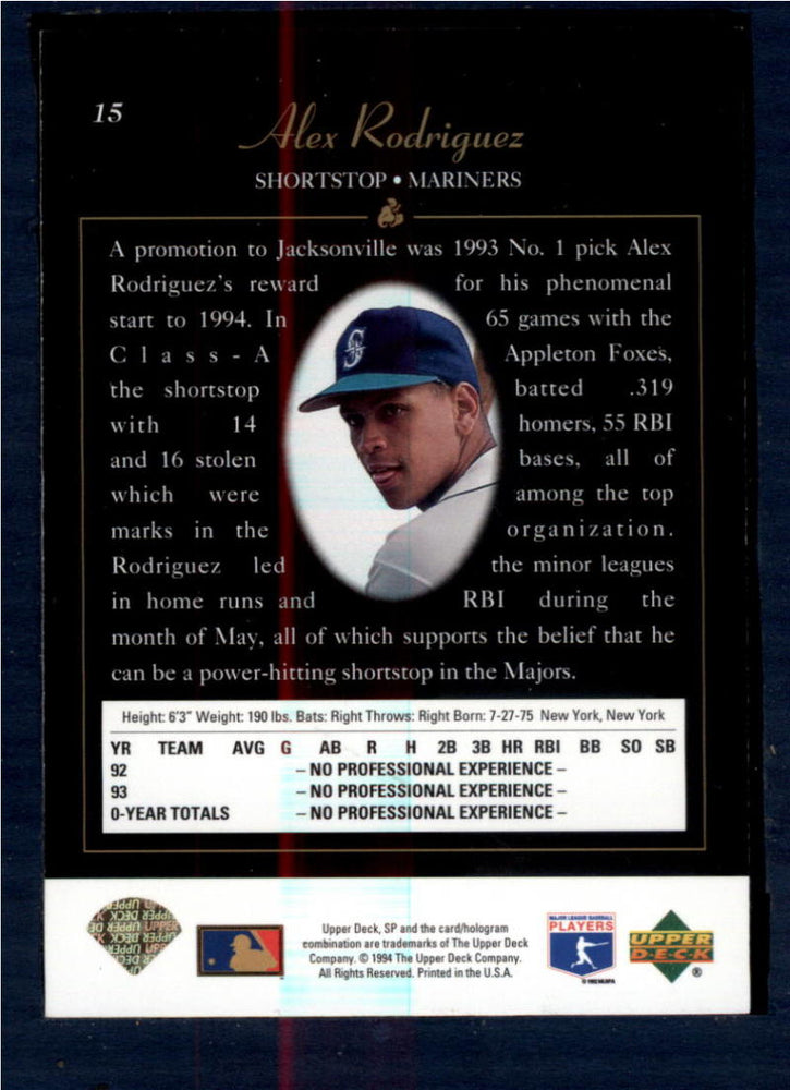 1994 SP #15 Alex Rodriguez FOIL NM Near Mint RC Rookie Seattle Mariners Image 2