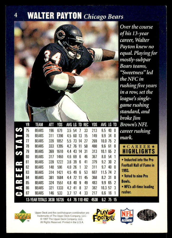 1997 Upper Deck Legends #4 Walter Payton NM-MT Chicago Bears Image 2