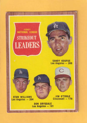 1962 Topps #60 Koufax/Williams/Drysdale/O'Toole N.L. Strikeout Leaders VG/EX Very Good/Excellent Los Angeles Dodgers/Cincinnati Reds