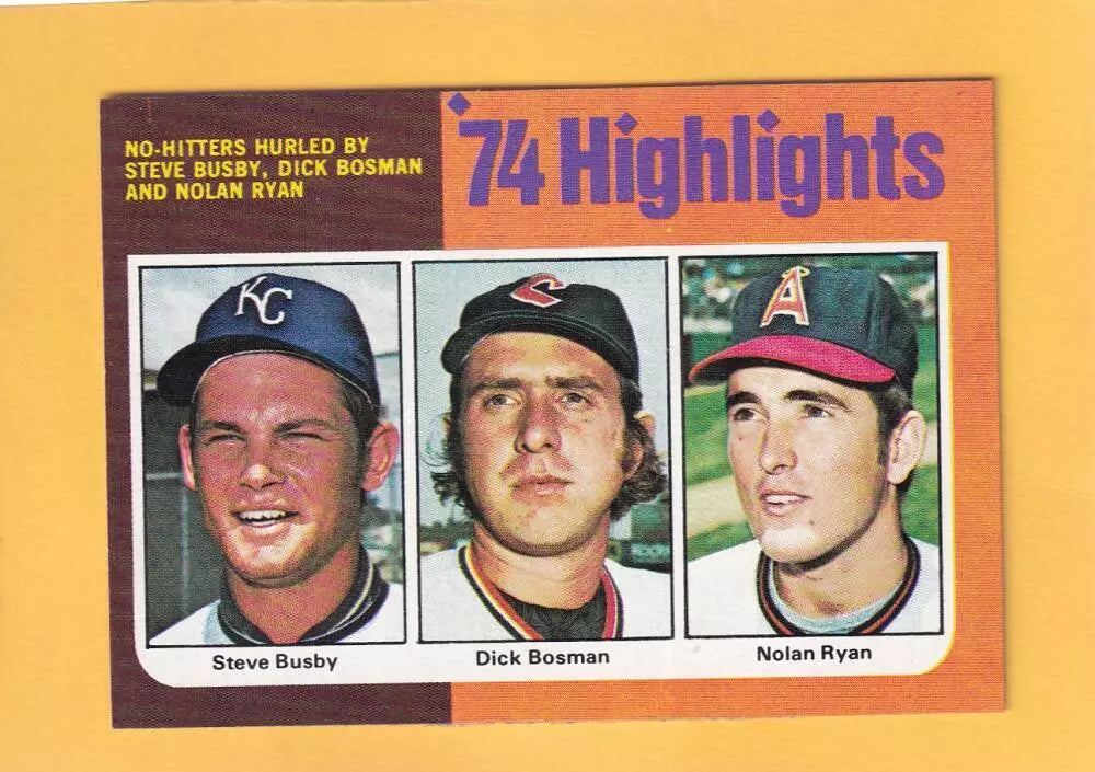 1975 Topps #7 Steve Busby/Dick Bosman/Nolan Ryan HL NM Near Mint Kansas City Royals/Cleveland Indians/California Angels #33060