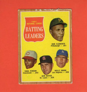 1962 Topps #52 Clemente/Pinson/Boyer/Moon N.L. Batting Leaders G Good Pittsburgh Pirates/Cincinnati Reds/St. Louis Cardinals/Los Angeles Dodgers