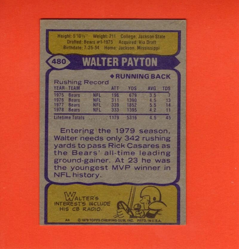 1979 Topps #480 Walter Payton VG+ Very Good Plus Chicago Bears