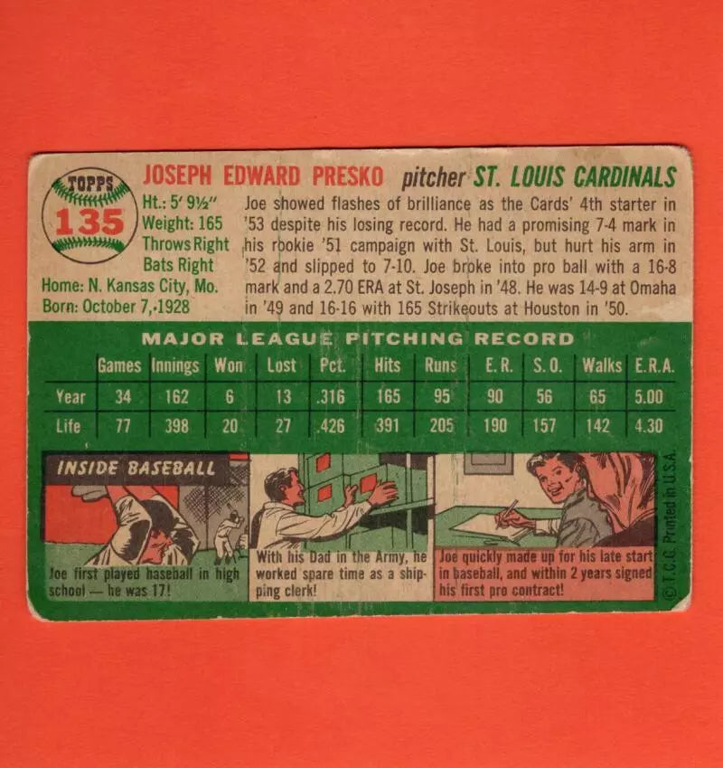 1954 Topps #135 Joe Presko G/VG Good/Very Good St. Louis Cardinals