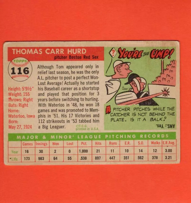 1955 Topps #116 Tom Hurd G/VG Good/Very Good RC Rookie Boston Red Sox