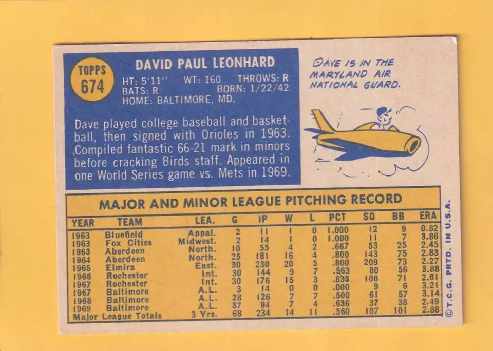 1970 Topps #674 Dave Leonhard EX+ Excellent+ Baltimore Orioles #32740