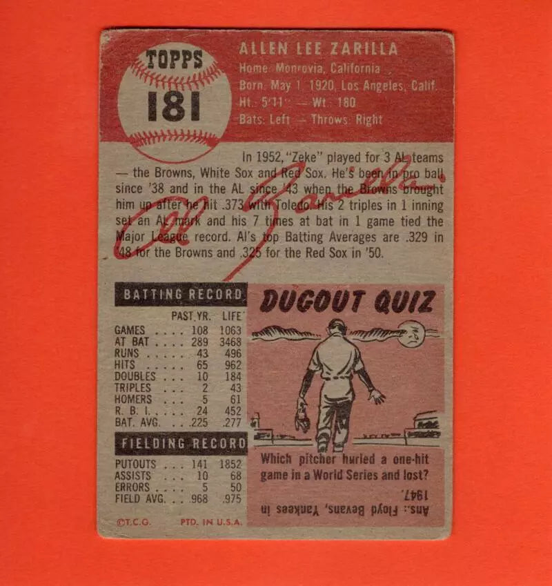 1953 Topps #181 Al Zarilla G/VG Good/Very Good Boston Red Sox