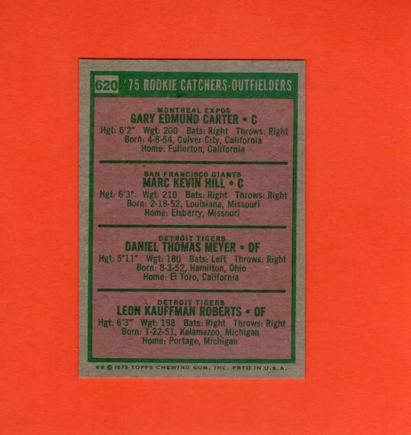 1975 Topps Mini #620 Rookie Catchers-Outfielders Gary Carter/Marc Hill/Dan Meyer/Leon Roberts NM Near Mint RC Rookie Montreal Expos/San Francisco Gian