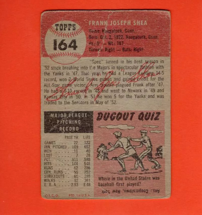 1953 Topps #164 Frank Shea DP P Poor Washington Senators