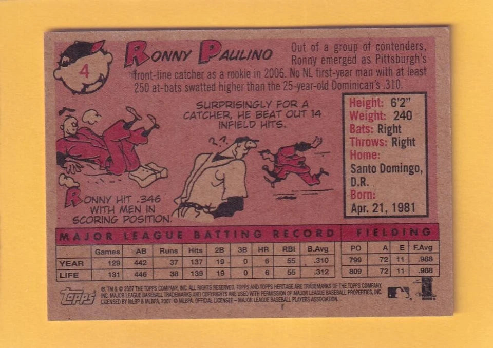 2007 Topps Heritage #4 Ronny Paulino NM-MT SP Pittsburgh Pirates
