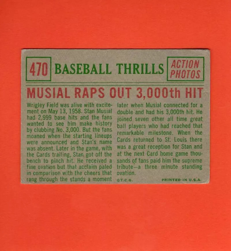 1959 Topps #470 Stan Musial Musial Raps Out 3000th Hit G/VG Good/Very Good St. Louis Cardinals