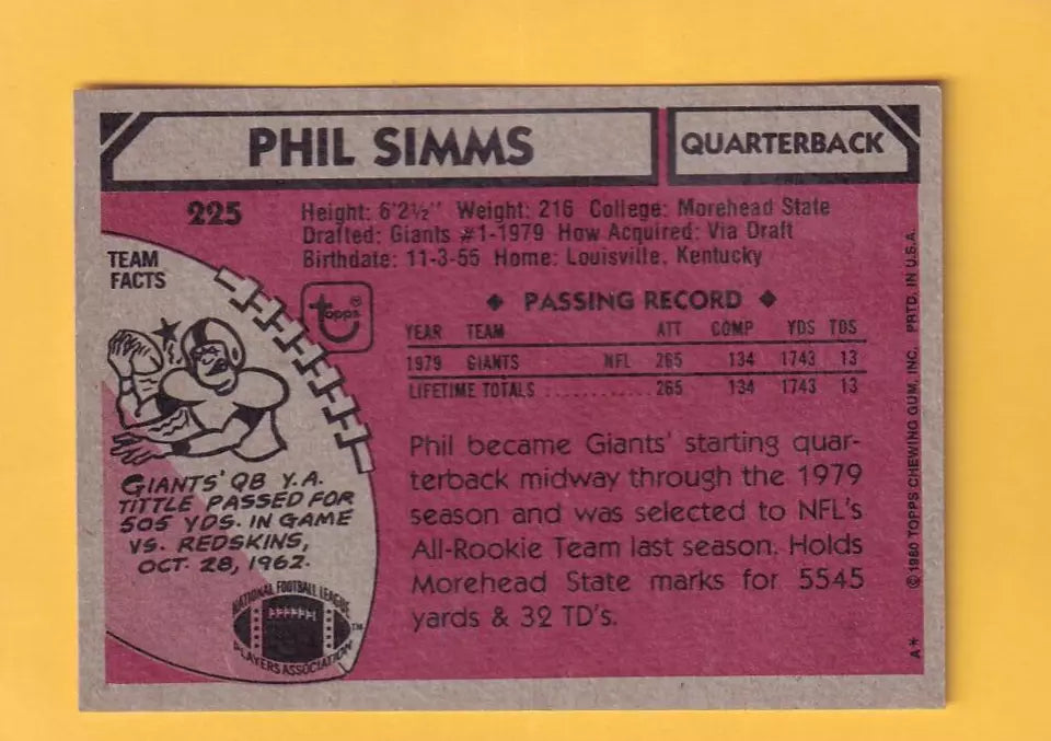 1980 Topps #225 Phil Simms EX+ Excellent+ RC Rookie New York Giants #32405