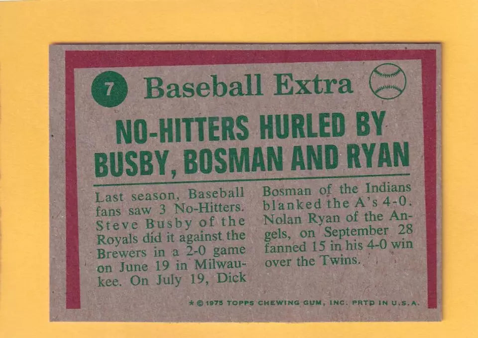 1975 Topps #7 Steve Busby/Dick Bosman/Nolan Ryan HL NM Near Mint Kansas City Royals/Cleveland Indians/California Angels #33060