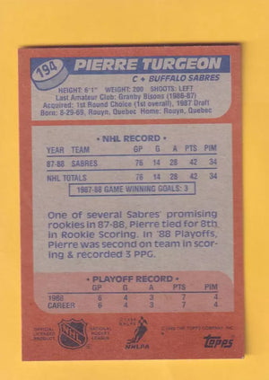 1988-89 Topps #194 Pierre Turgeon NM-MT RC Rookie Buffalo Sabres #32374
