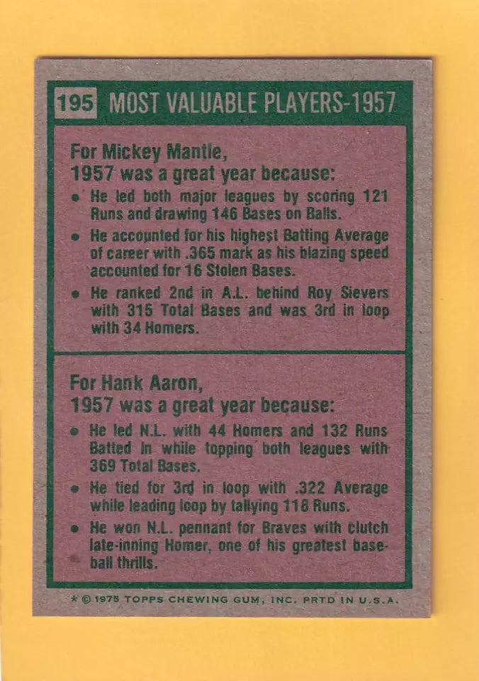 1975 Topps #195 Mickey Mantle/Hank Aaron 1957 MVP's EX/NM New York Yankees/Milwaukee Braves #33066