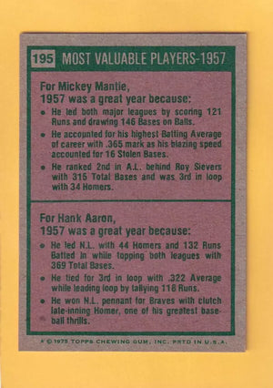 1975 Topps #195 Mickey Mantle/Hank Aaron 1957 MVP's EX/NM New York Yankees/Milwaukee Braves #33066