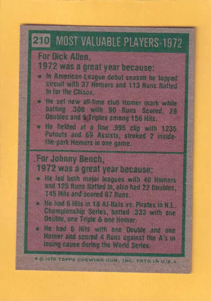 1975 Topps #210 Dick Allen/Johnny Bench 1972 MVP's NM Near Mint Chicago White Sox/Cincinnati Reds #33068