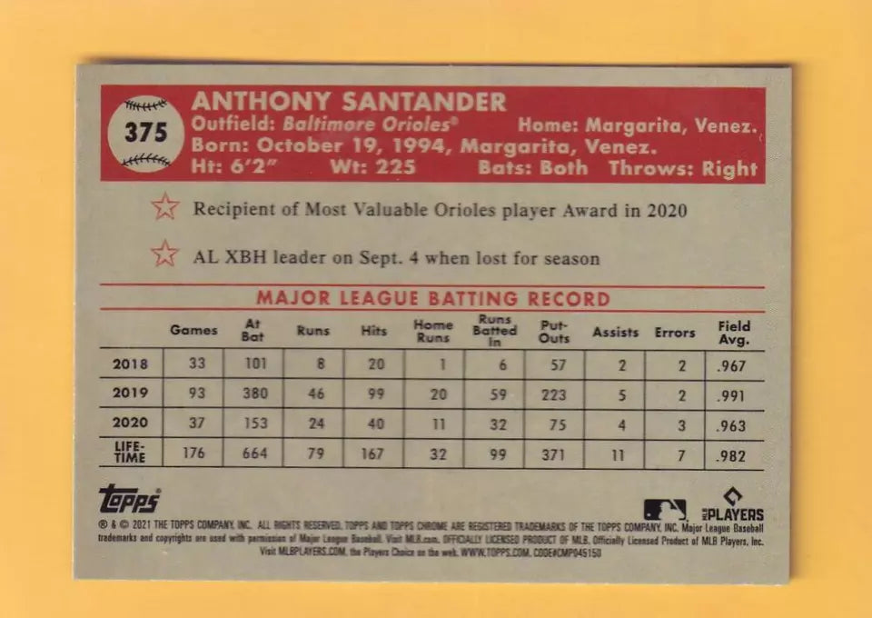 2021 Topps Chrome Platinum Anniversary Refractor Prism Blue #375 Anthony Santander NM-MT+ Baltimore Orioles
