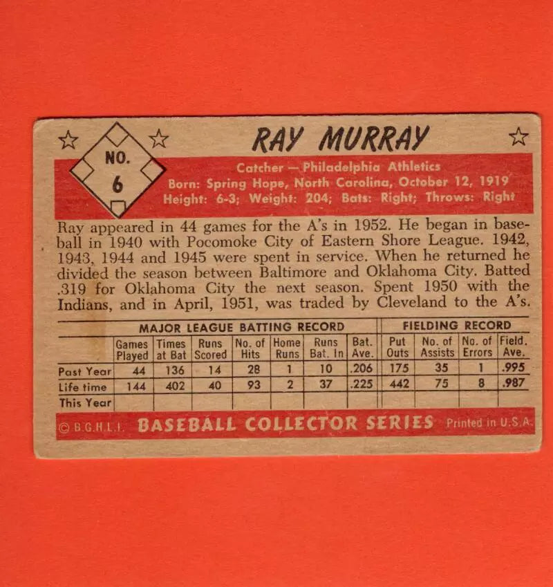 1953 Bowman Black and White #6 Ray Murray G Good Philadelphia Athletics