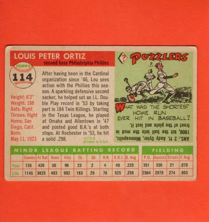 1955 Topps #114 Lou Ortiz VG+ Very Good Plus RC Rookie Philadelphia Phillies