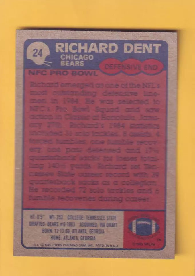 1985 Topps #24 Richard Dent NM-MT RC Rookie Chicago Bears #32379