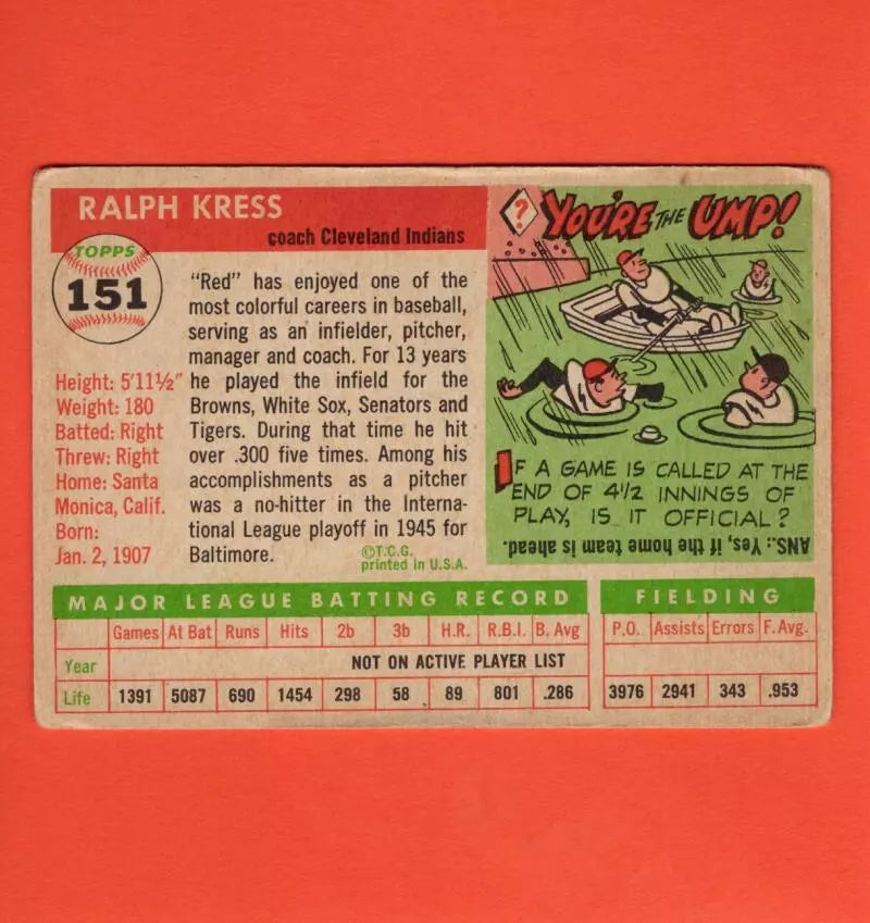 1955 Topps #151 Red Kress CO VG Very Good Cleveland Indians