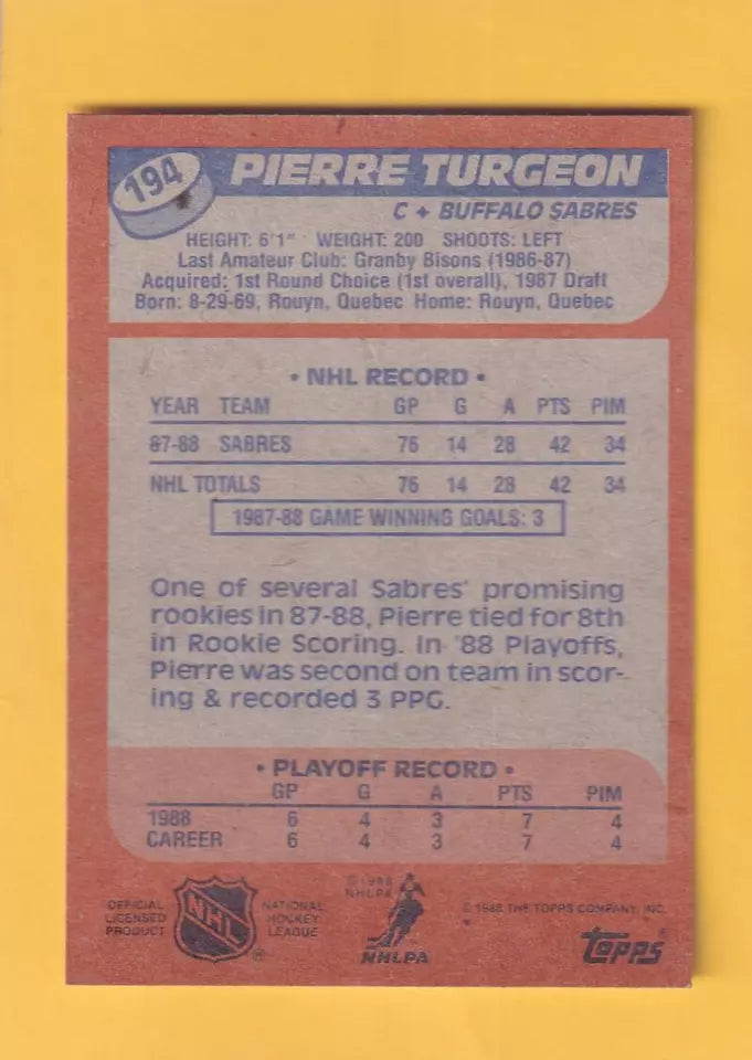 1988-89 Topps #194 Pierre Turgeon NM Near Mint RC Rookie Buffalo Sabres #32373