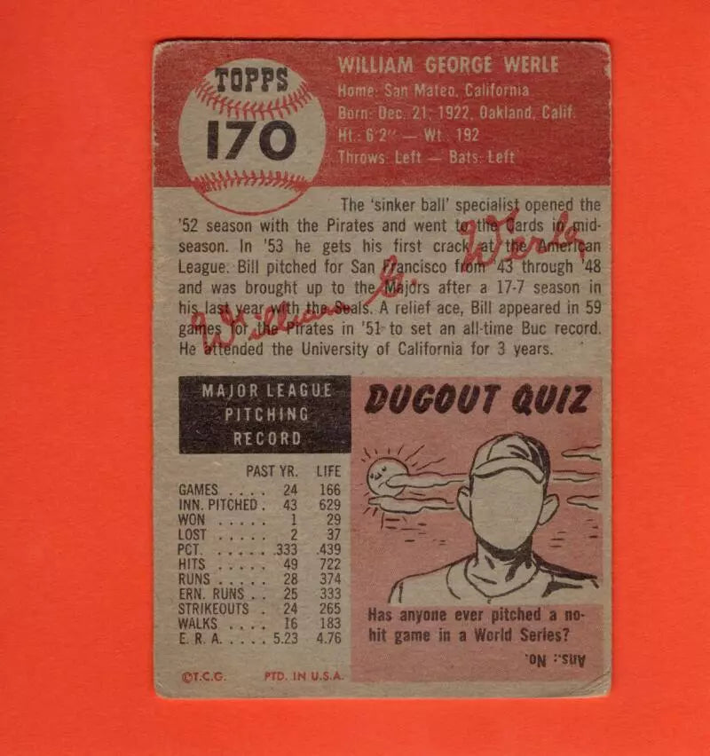 1953 Topps #170 Bill Werle G Good Boston Red Sox