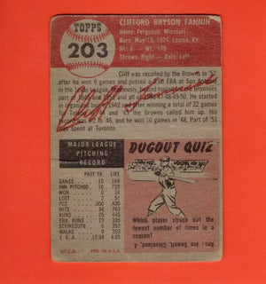 1953 Topps #203 Cliff Fannin P Poor St. Louis Browns