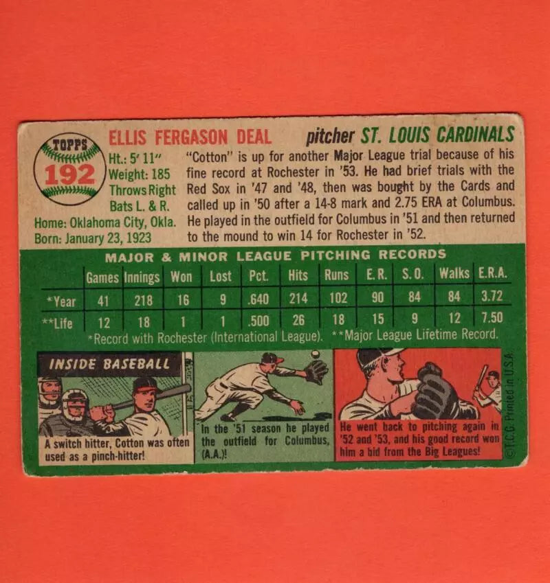 1954 Topps #192 Cot Deal CO VG+ Very Good Plus St. Louis Cardinals