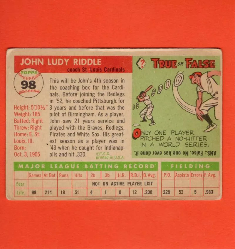 1955 Topps #98 Johnny Riddle CO VG Very Good St. Louis Cardinals