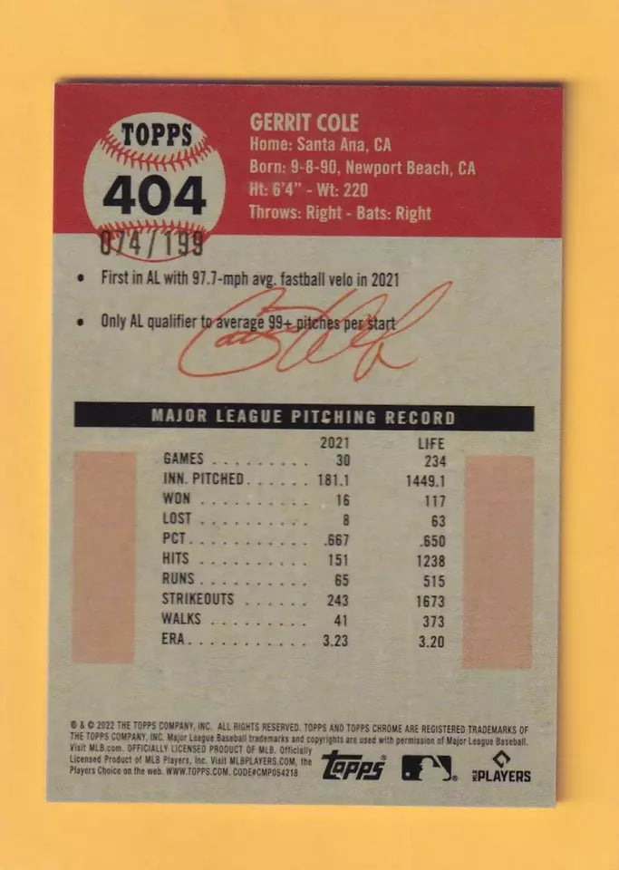 2022 Topps Chrome Platinum Anniversary Refractor Blue Mini-Diamond #404 Gerrit Cole NM-MT+ 74/199 New York Yankees