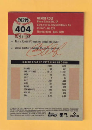 2022 Topps Chrome Platinum Anniversary Refractor Blue Mini-Diamond #404 Gerrit Cole NM-MT+ 74/199 New York Yankees